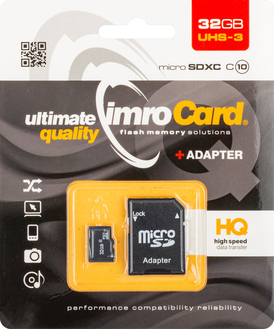 Minnekort microSDHC Imro, 32Gb, Klasse 10 / UHS-1 U3, Med Adapter
