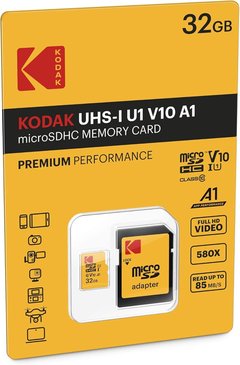 Kodak Premium Performance microSDHC-minnekort, 32 GB, Klasse 10 / UHS-1 U1, med adapter EKMSDM32GHC10K