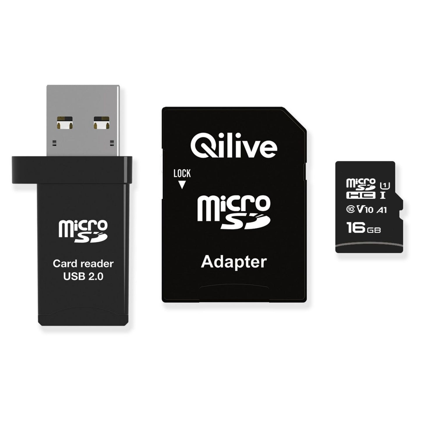 microSDHC-minnekort Qilive, 16GB, Klasse 10, med kortleser og adapter EKMSDM16GHC10QL