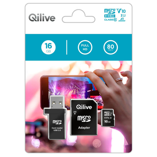 microSDHC-minnekort Qilive, 16GB, Klasse 10, med kortleser og adapter EKMSDM16GHC10QL