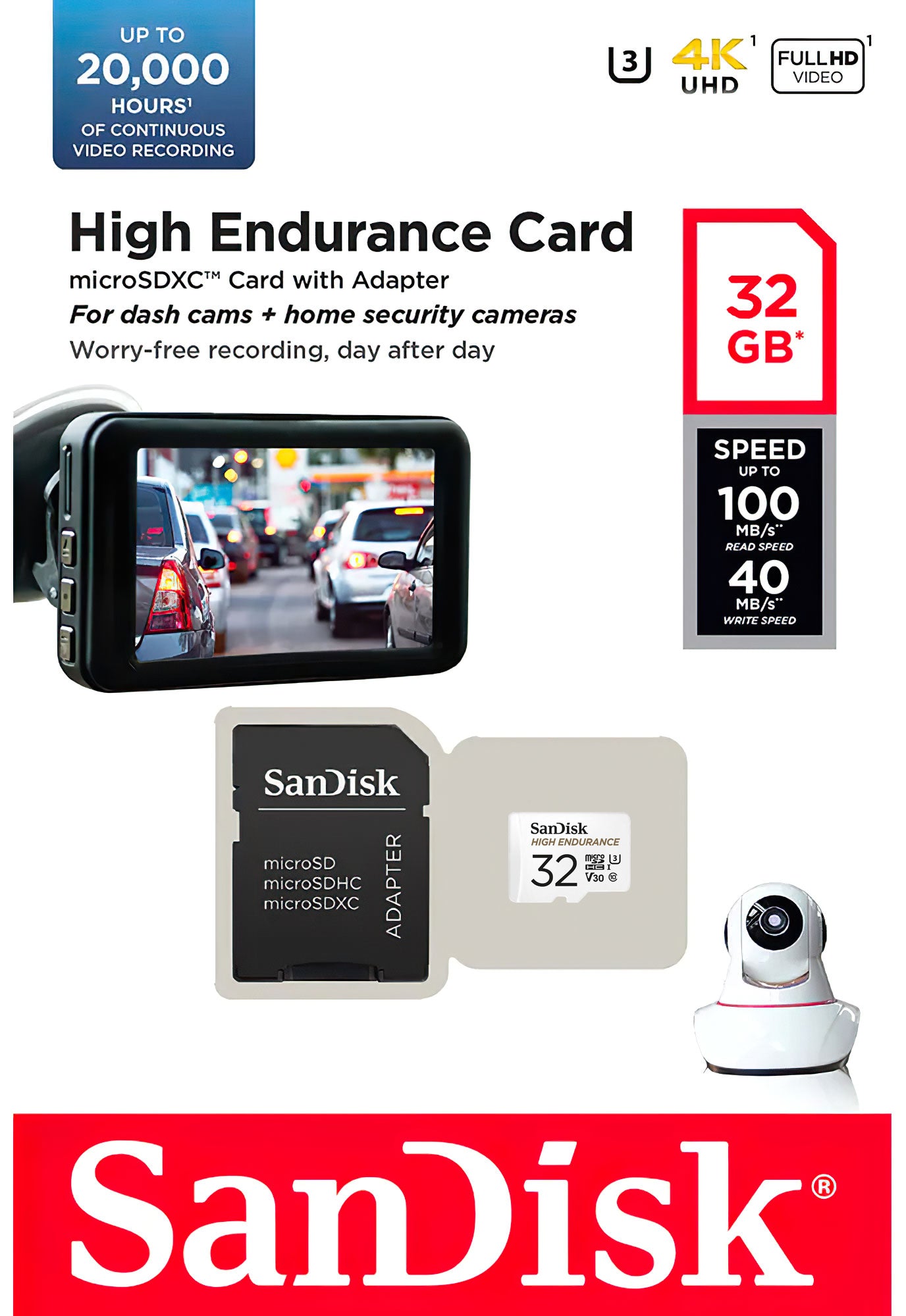 SanDisk High Endurance microSDHC-minnekort, 32GB, Klasse 10 / UHS-1 U3, med adapter SDSQQNR-032G-GN6IA