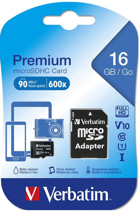 Verbatim microSDHC-minnekort, 16GB, Klasse 10 / UHS-1 U1, med adapter 44082