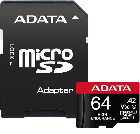 Minnekort microSDXC Adata High Endurance, 64Gb, Klasse 10 / UHS-1 U3, Med Adapter AUSDX64GUI3V30SHA2-RA1