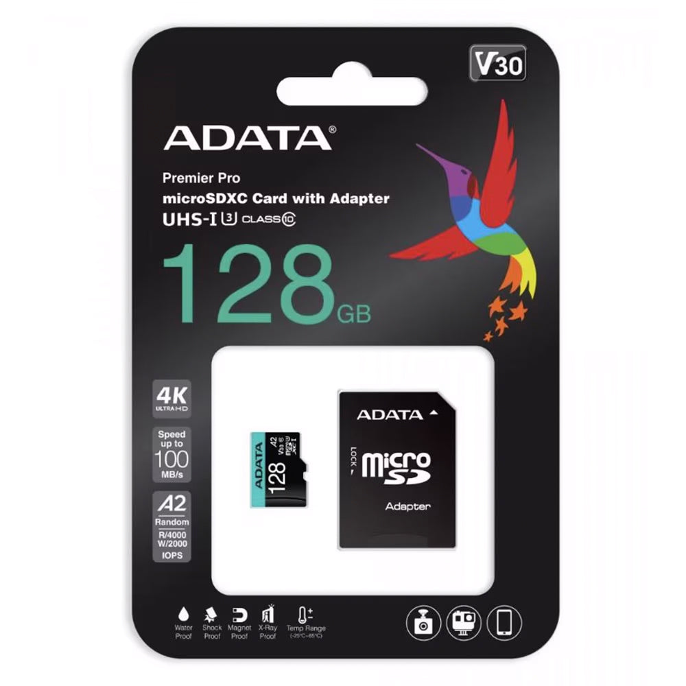 Minnekort microSDXC Adata Premier Pro, 128GB, Klasse 10 / UHS-1 U3, Med Adapter AUSDX128GUI3V30SA2-RA1