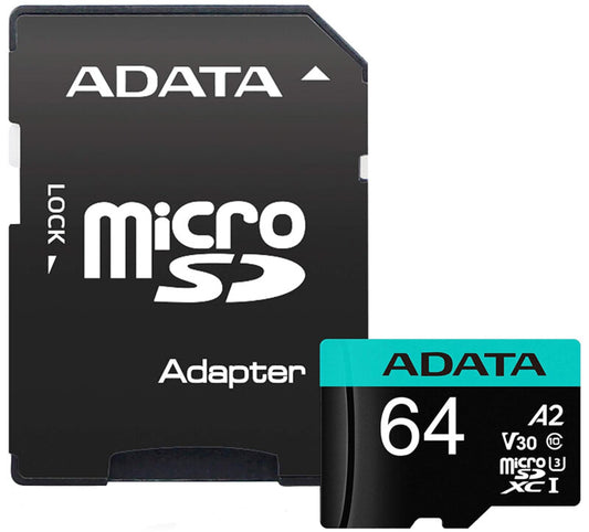 Adata Premier Pro microSDXC minnekort, 64GB, Klasse 10 / UHS-1 U3, med adapter AUSDX64GUI3V30SA2-RA1