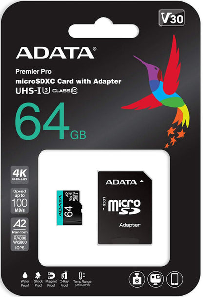 Adata Premier Pro microSDXC minnekort, 64GB, Klasse 10 / UHS-1 U3, med adapter AUSDX64GUI3V30SA2-RA1