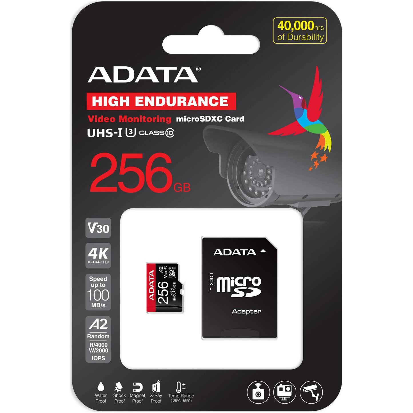 Adata High Endurance microSDXC-minnekort, 256Gb, Klasse 10 / UHS-1 U3, med adapter AUSDX256GUI3V30SHA2-RA1