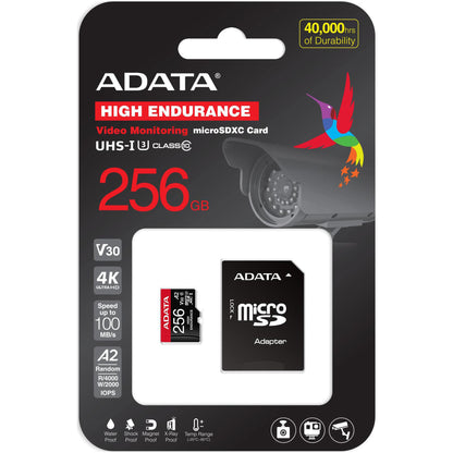 Adata High Endurance microSDXC-minnekort, 256Gb, Klasse 10 / UHS-1 U3, med adapter AUSDX256GUI3V30SHA2-RA1