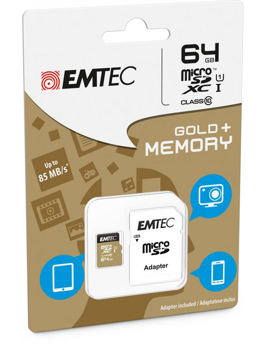 Minnekort microSDXC Emtec Gold+, 64Gb, Klasse 10 / UHS-1 U1, Med Adapter ECMSDM64GXC10GP