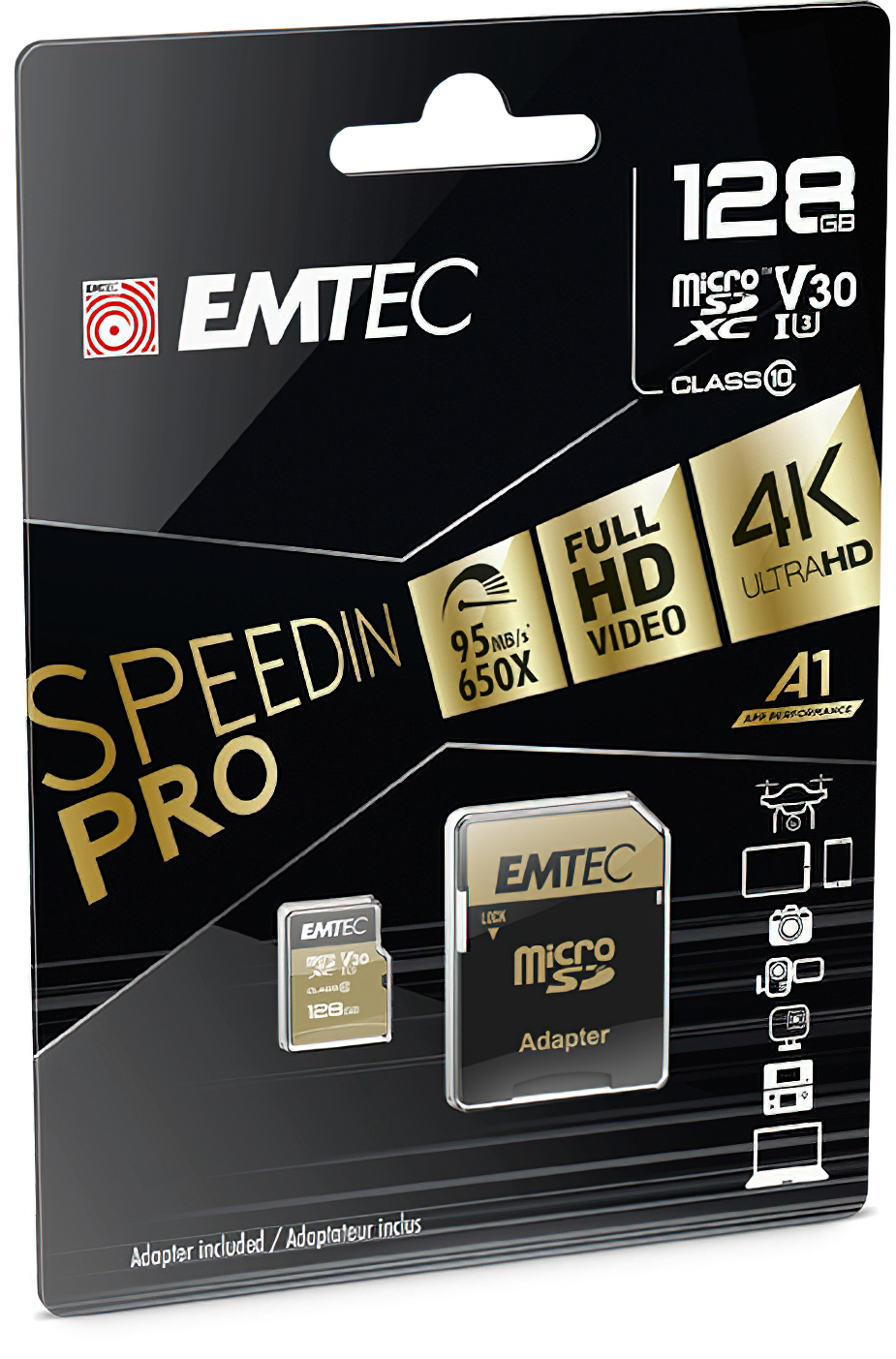 microSDXC-minnekort Emtec Speedin Pro Android A1, 128GB, Klasse 10 / UHS-1 U3, med adapter ECMSDM128GXE