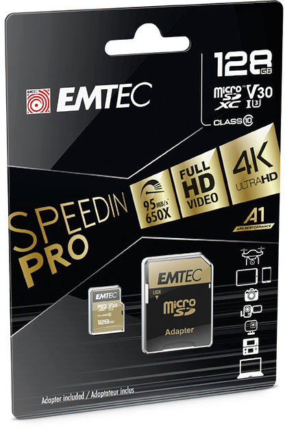 microSDXC-minnekort Emtec Speedin Pro Android A1, 128GB, Klasse 10 / UHS-1 U3, med adapter ECMSDM128GXE