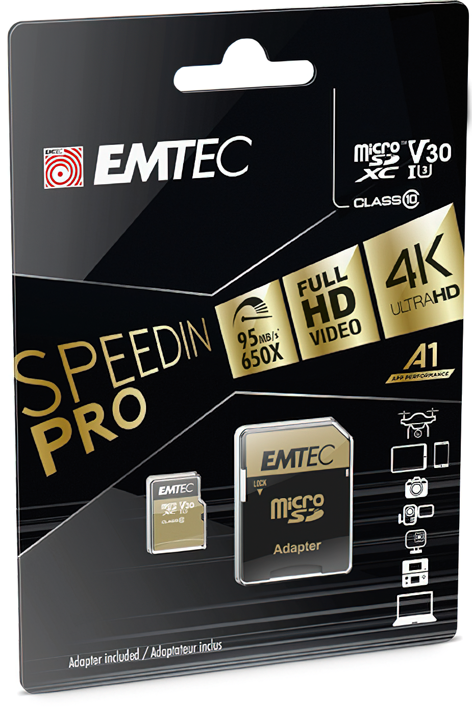 microSDXC-minnekort Emtec Speedin Pro Android A1, 64Gb, Klasse 10 / UHS-1 U3, med adapter ECMSDM64GXC