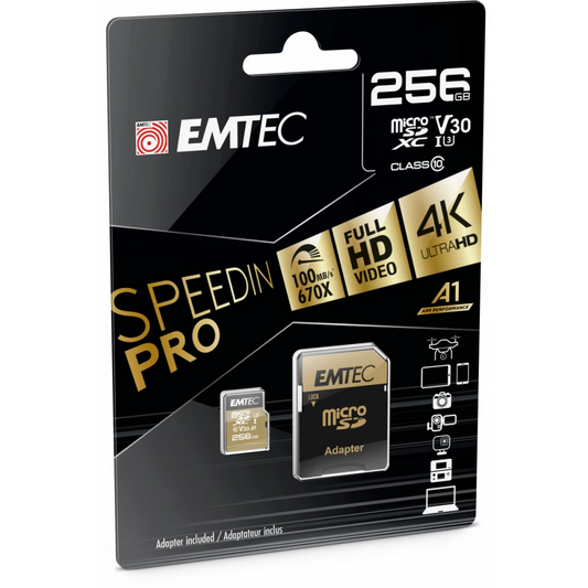 Minnekort microSDXC Emtec Speedin Pro Android A1, 256Gb, Klasse 10 / UHS-1 U3, Med Adapter ECMSDM256GXC10SP