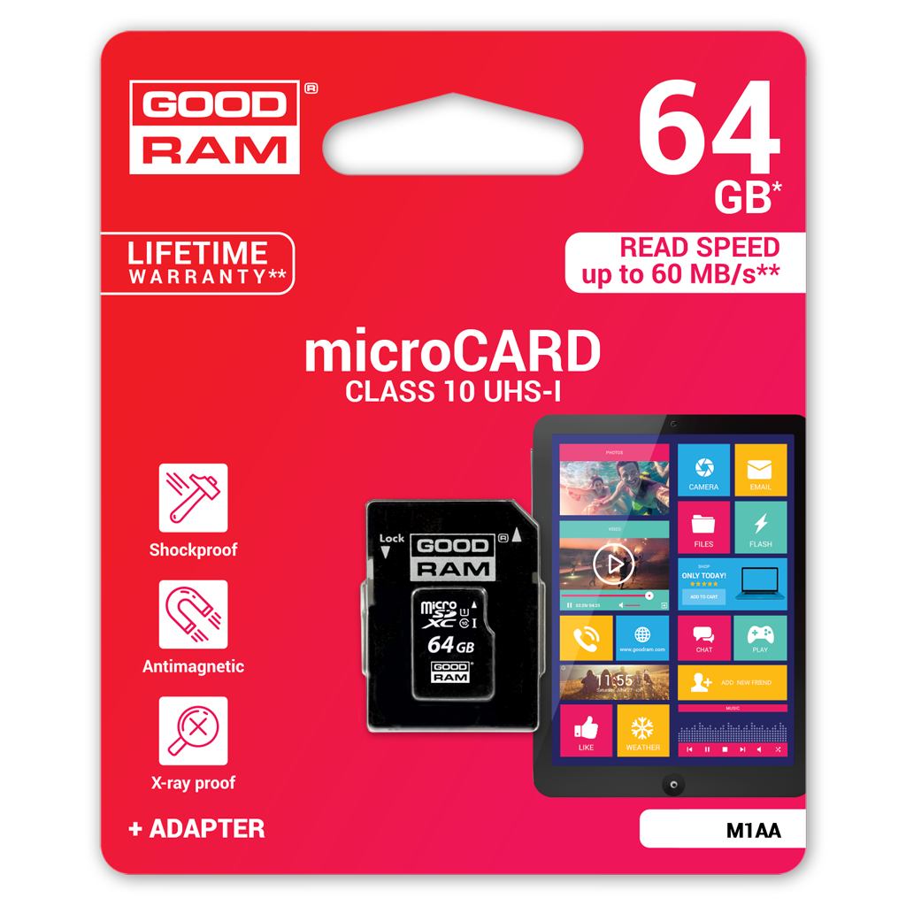 GoodRam microSDXC minnekort, 64GB, Klasse 10 / UHS-1 U1, med adapter M1AA-0640R12