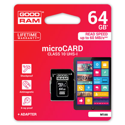 GoodRam microSDXC minnekort, 64GB, Klasse 10 / UHS-1 U1, med adapter M1AA-0640R12