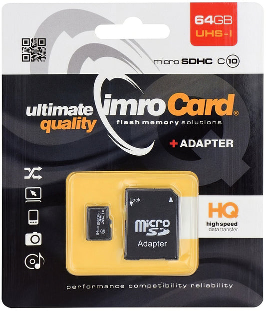 microSDXC-minnekort Imro, 64GB, Klasse 10 / UHS-1 U1, med adapter