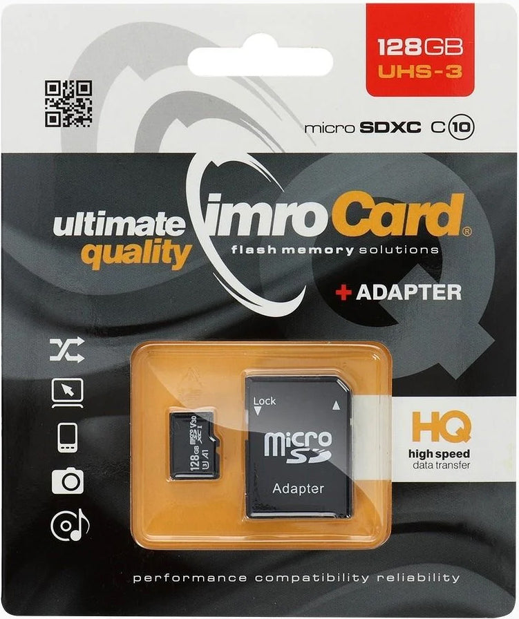 Imro microSDXC minnekort, 128Gb, Klasse 10 / UHS-1 U3, Med Adapter