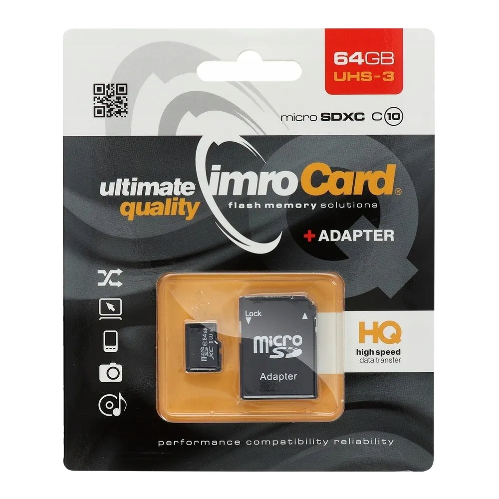 Imro microSDXC minnekort, 64GB, Klasse 10 / UHS-1 U3, med adapter