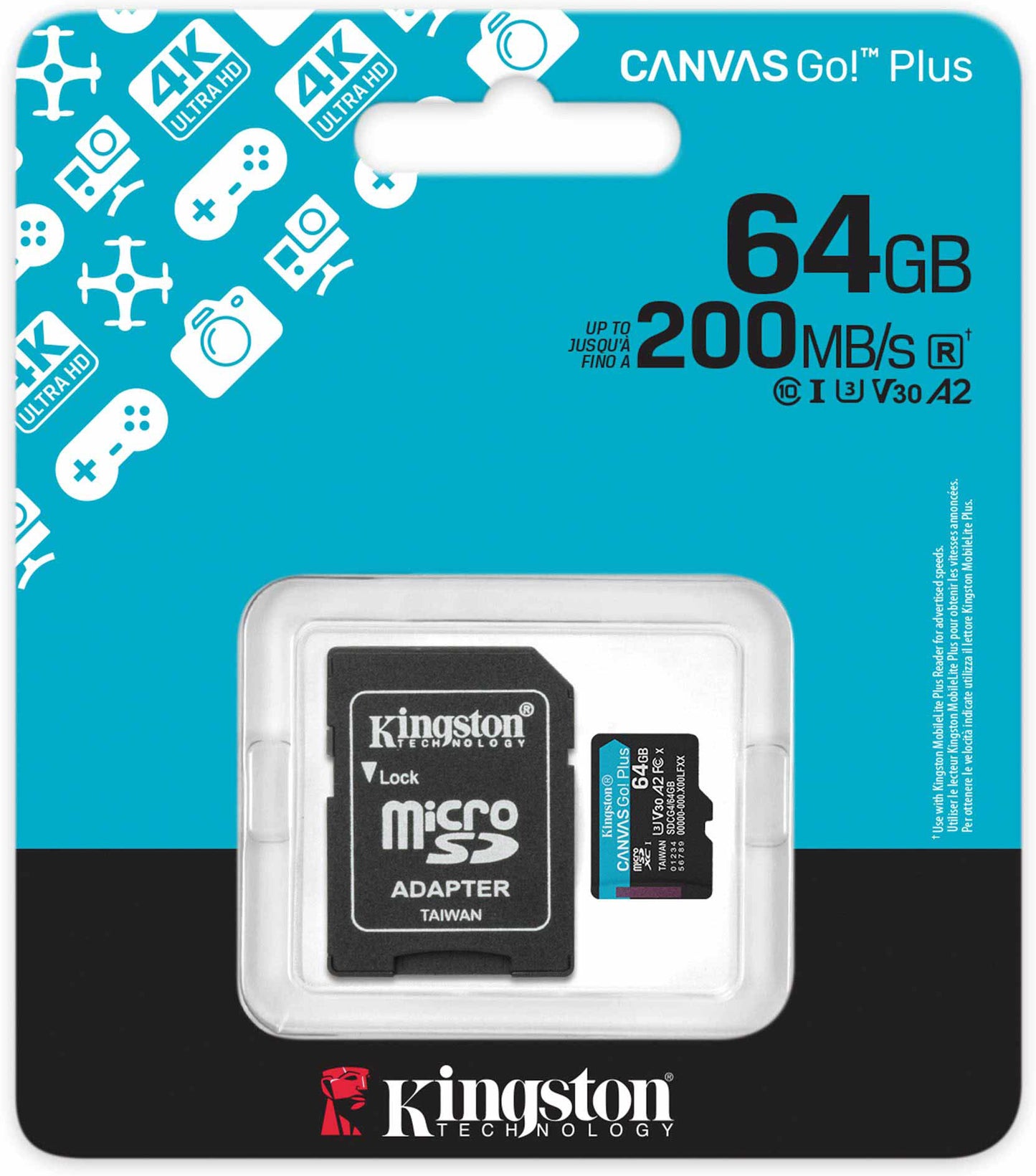 Kingston Canvas Go Plus Android A2 microSDXC minnekort, 64GB, Klasse 10 / UHS-1 U3, med adapter SDCG4/64GB