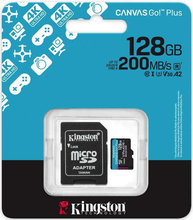 Minnekort microSDXC Kingston Canvas Go Plus Android A2, 128GB, Klasse 10 / UHS-1 U3, Med Adapter SDCG4/128GB