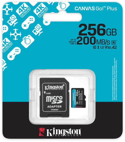 Kingston Canvas Go Plus microSDXC-minnekort for Android A2, 256 GB, Klasse 10 / UHS-1 U3, med adapter SDCG4/256GB