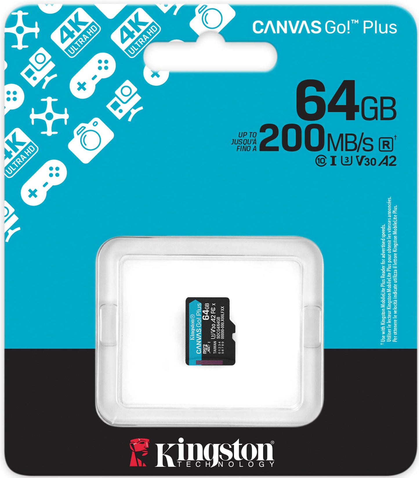 Kingston Canvas Go Plus Android A2 microSDXC Minnekort, 64Gb, Klasse 10 / UHS-1 U3 SDCG4/64GBSP