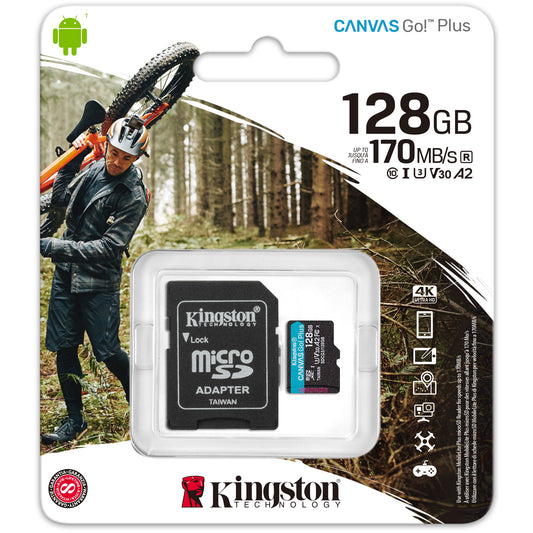 Minnekort microSDXC Kingston Canvas Go Plus, 128 GB, klasse 10 / UHS-1 U3, med adapter SDCG3/128 GB