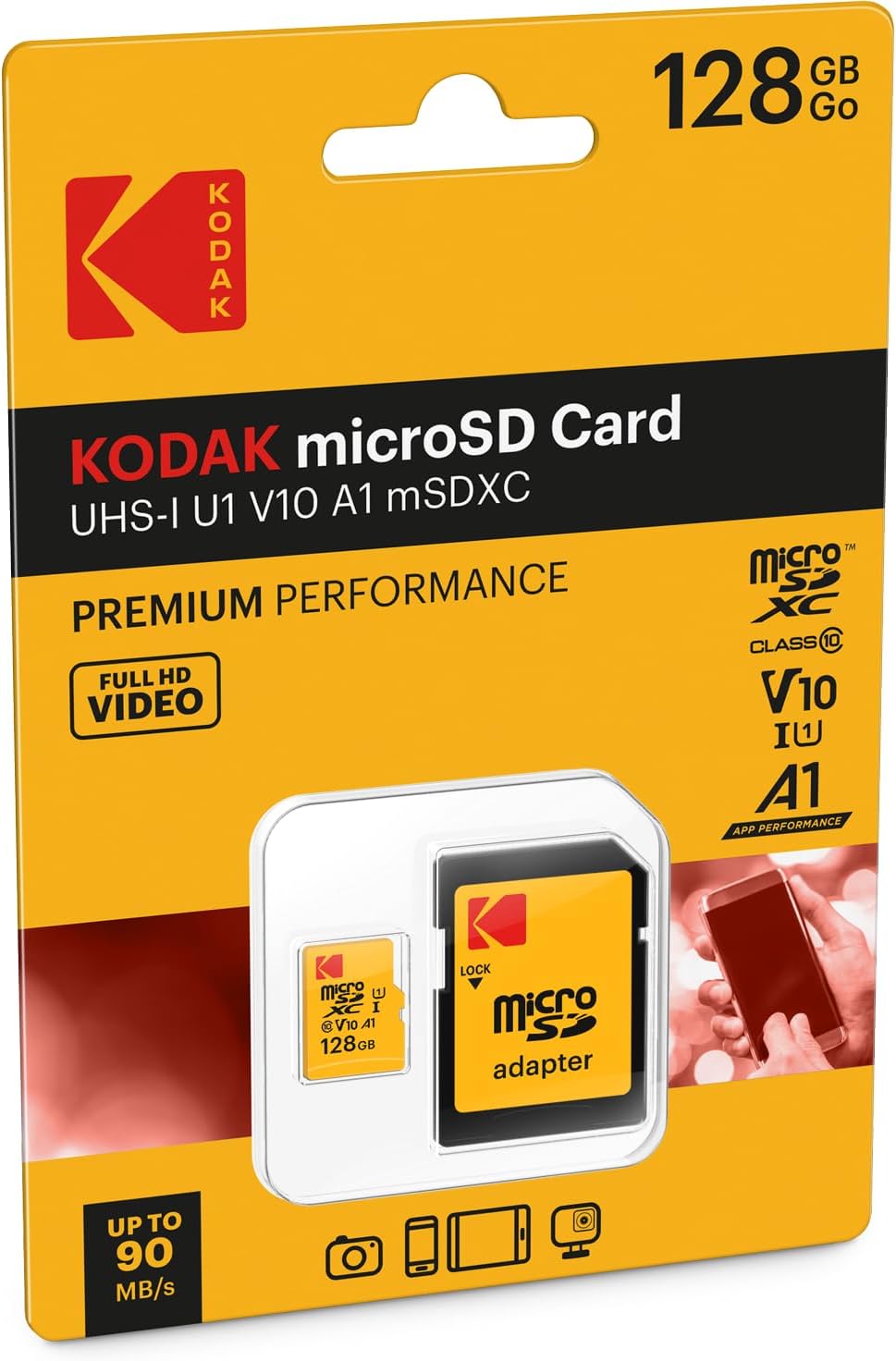 Minnekort microSDXC Kodak Premium Performance, 128Gb, Klasse 10 / UHS-1 U1, Med Adapter EKMSDM128GXC10K