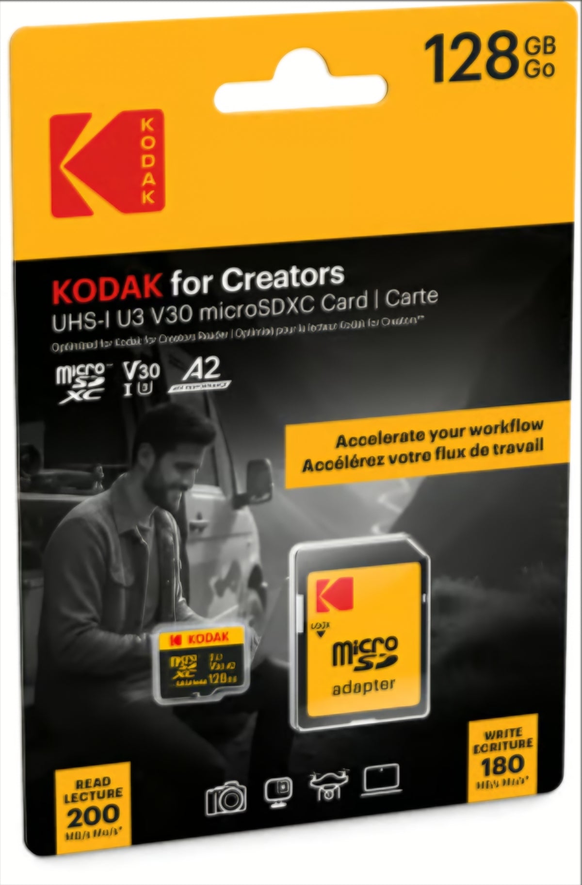 microSDXC-minnekort Kodak for Creators, 128Gb, Klasse 10 / UHS-1 U3, med adapter EKMSDM128GXCU3CR