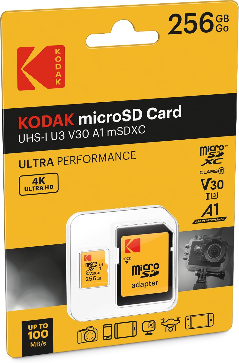 Kodak microSDXC minnekort, 256GB, Klasse 10 / UHS-1 U3, med adapter EKMSDM256GXC10HPRK