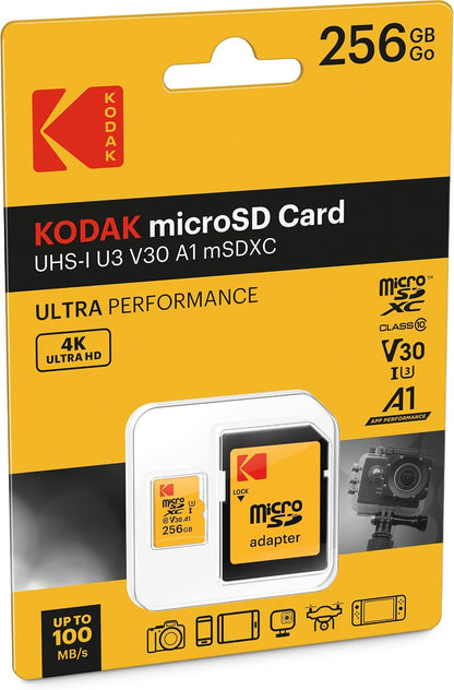 Kodak microSDXC minnekort, 256GB, Klasse 10 / UHS-1 U3, med adapter EKMSDM256GXC10HPRK