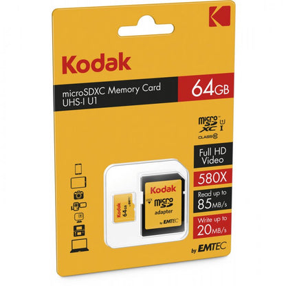 Kodak microSDXC Minnekort, 64Gb, Klasse 10 / UHS-1 U1, Med Adapter EKMSDM64GXC10K