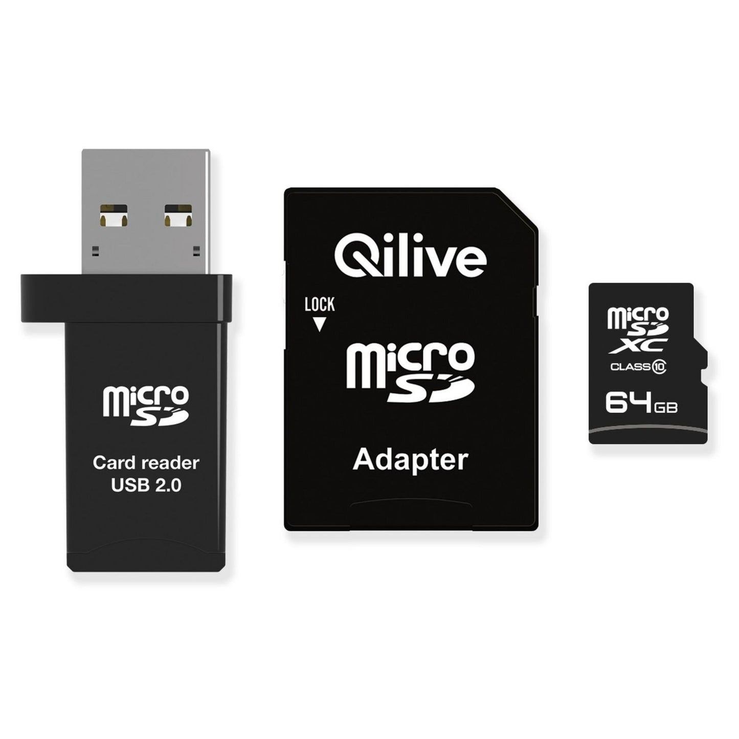 Minnekort microSDXC Qilive, 64Gb, Klasse 10, Med Kortleser og Adapter EKMSDM64GXC10QL