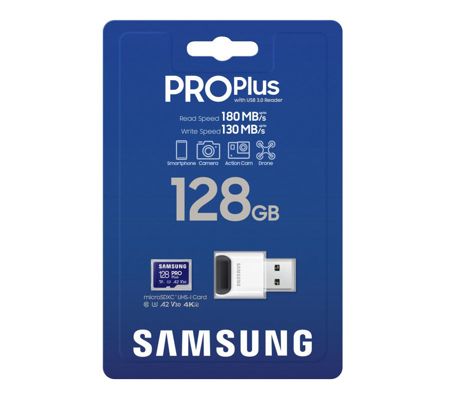 Minnekort microSDXC Samsung PRO Plus, 128GB, Klasse 10 / UHS-1 U3, med Kortleser MB-MD128SB/WW