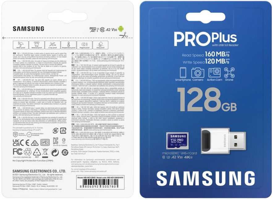 Minnekort microSDXC Samsung PRO Plus, 128GB, Klasse 10 / UHS-1 U3, med kortleser og adapter MB-MD128KB/WW