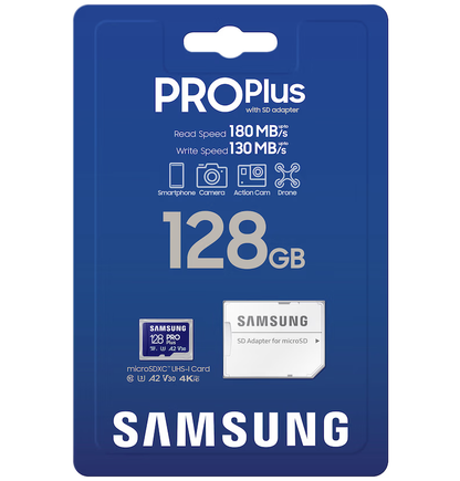 Minnekort microSDXC Samsung PRO Plus, 128Gb, Klasse 10 / UHS-1 U3, Med Adapter MB-MD128SA/EU