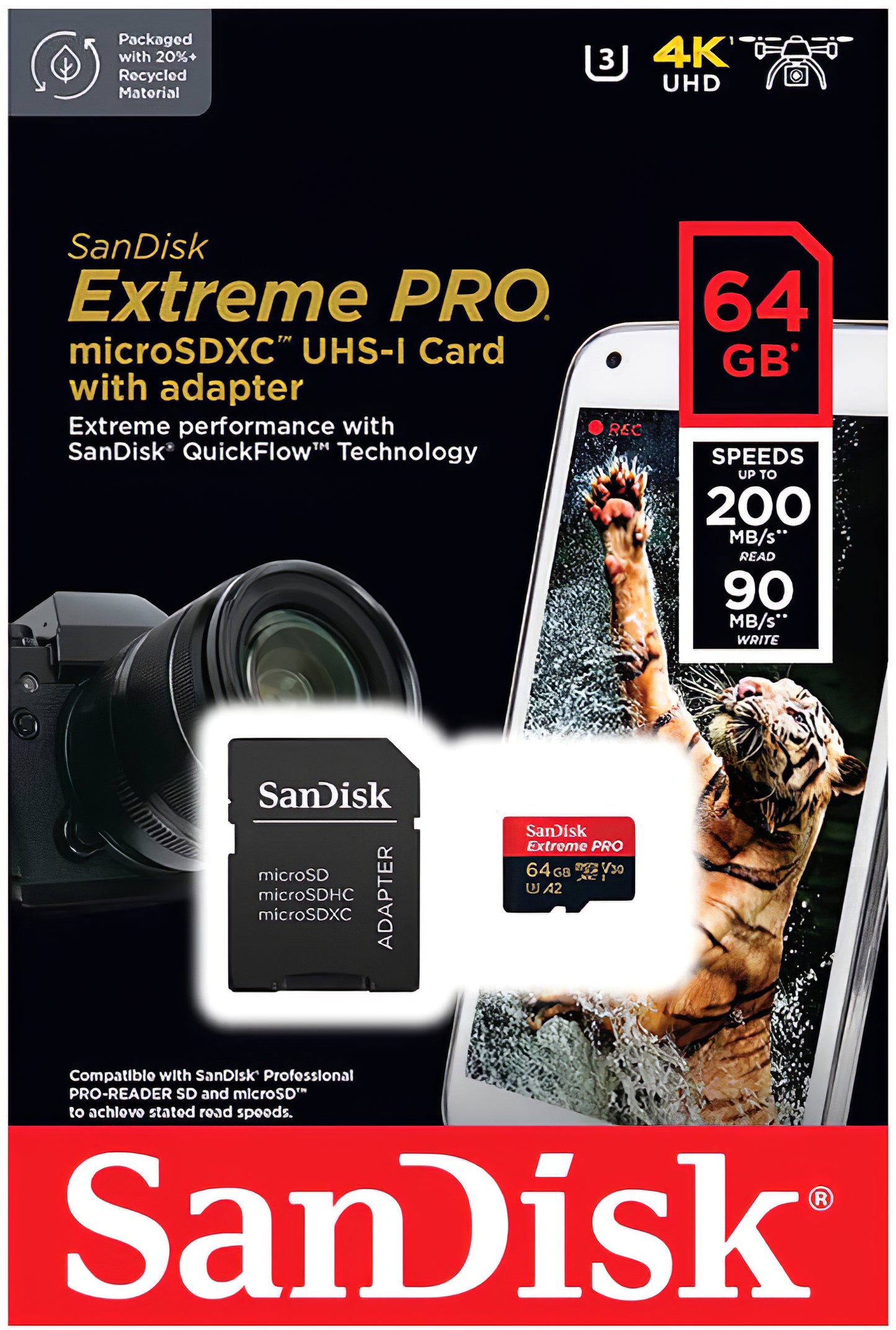 Minnekort microSDXC SanDisk Extreme Pro, 64Gb, Klasse 10 / UHS-1 U3, Med Adapter SDSQXCU-064G-GN6MA