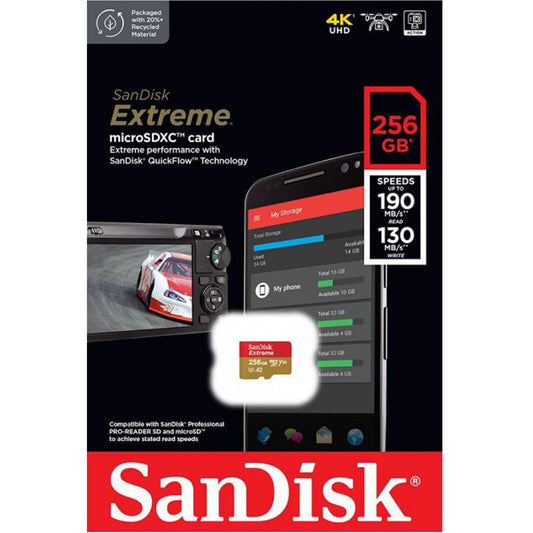 SanDisk Extreme microSDXC-minnekort, 256Gb, Klasse 10 / UHS-1 U3 SDSQXAV-256G-GN6MN