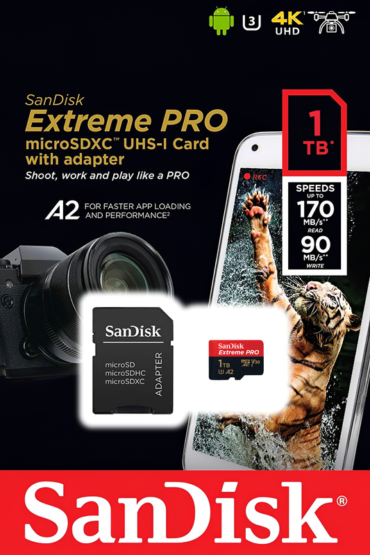 microSDXC-minnekort SanDisk Extreme Pro, 1TB, Klasse 10 / UHS-1 U3, med adapter SDSQXCD-1T00-GN6MA