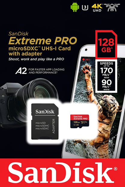 Minnekort microSDXC SanDisk Extreme Pro, 128Gb, Klasse 10 / UHS-1 U3, Med Adapter SDSQXCD-128G-GN6MA