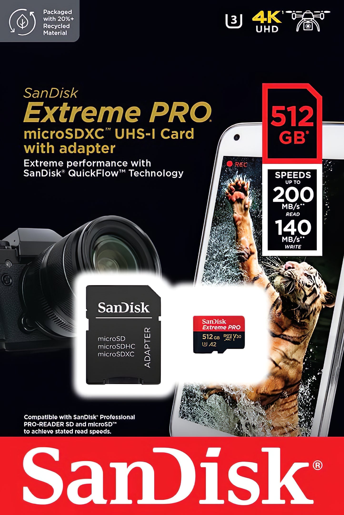 Minnekort microSDXC SanDisk Extreme Pro, 512Gb, Klasse 10 / UHS-1 U3, Med Adapter SDSQXCD-512G-GN6MA