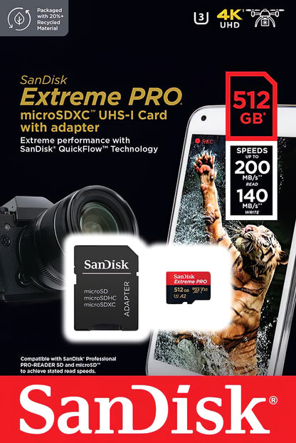 Minnekort microSDXC SanDisk Extreme Pro, 512Gb, Klasse 10 / UHS-1 U3, Med Adapter SDSQXCD-512G-GN6MA