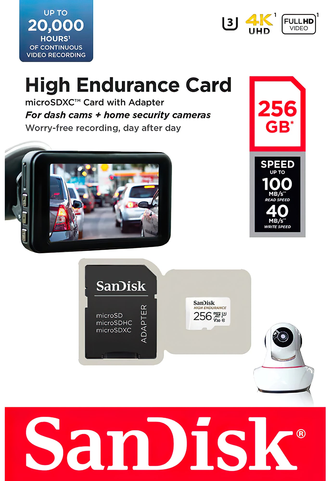 SanDisk High Endurance microSDXC-minnekort, 256GB, Klasse 10 / UHS-1 U3, med adapter SDSQQNR-256G-GN6IA