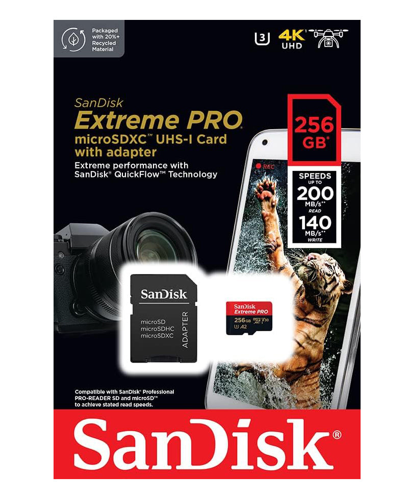 Minnekort microSDXC SanDisk Extreme Pro, 256Gb, Klasse 10 / UHS-1 U3, Med Adapter SDSQXCD-256G-GN6MA
