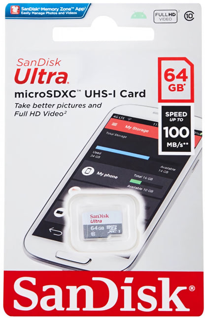 Minnekort microSDXC SanDisk Ultra, 64Gb, Klasse 10 SDSQUNR-064G-GN3MN