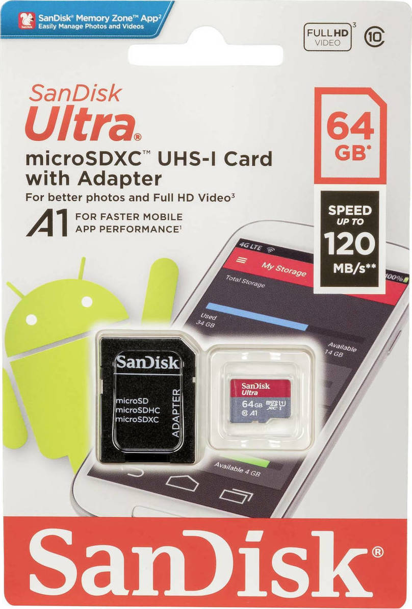 SanDisk Ultra Android A1 microSDXC minnekort, 64GB, Klasse 10 / UHS-1 U1, med adapter SDSQUAB-064G-GN6MA