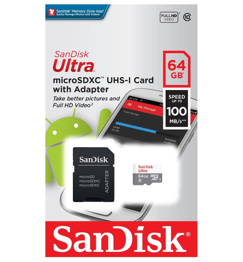 SanDisk Ultra microSDXC minnekort, 64GB, Klasse 10, med adapter SDSQUNR-064G-GN6TA