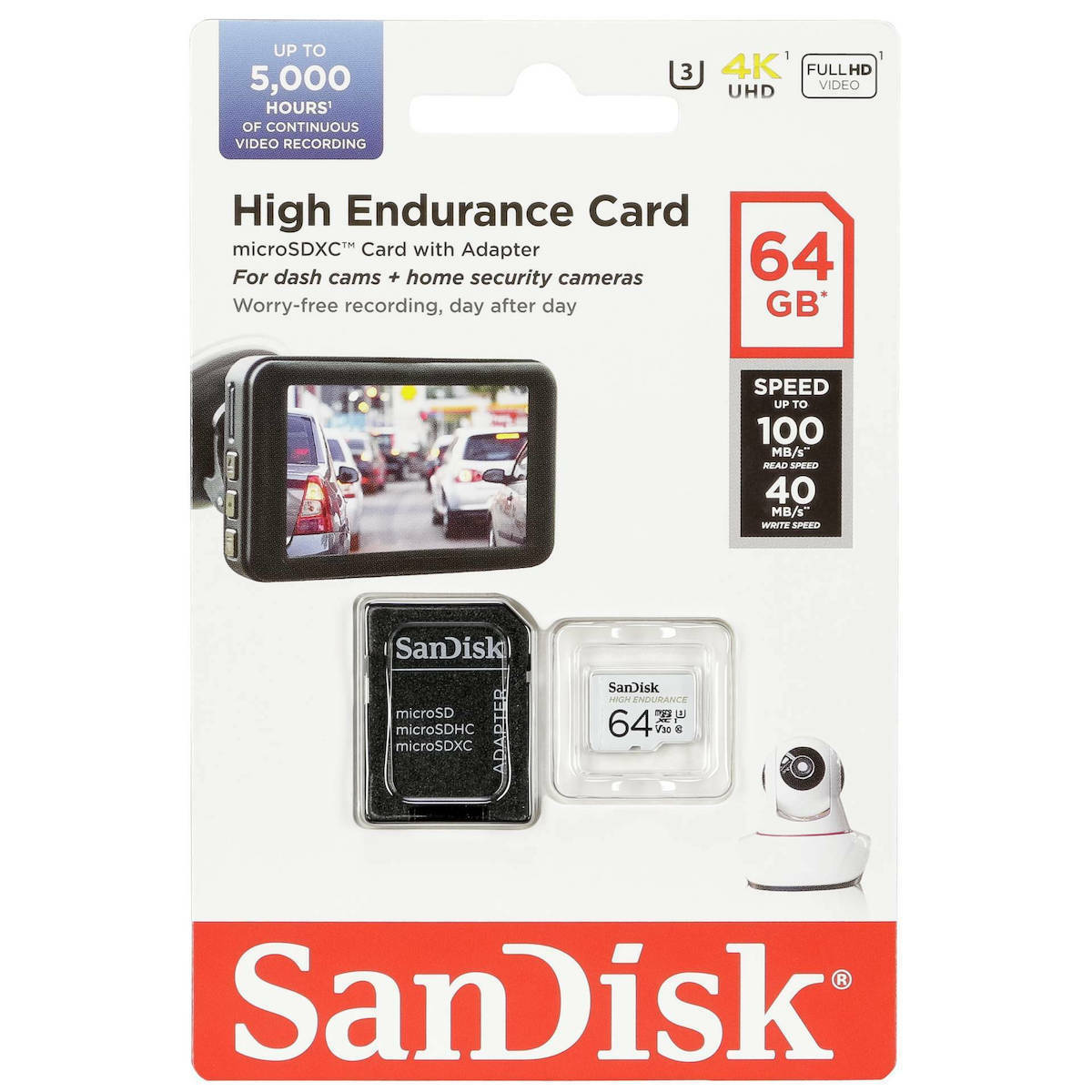 SanDisk High Endurance microSDXC-minnekort, 64GB, Klasse 10 / UHS-1 U3, med adapter SDSQQNR-064G-GN6IA