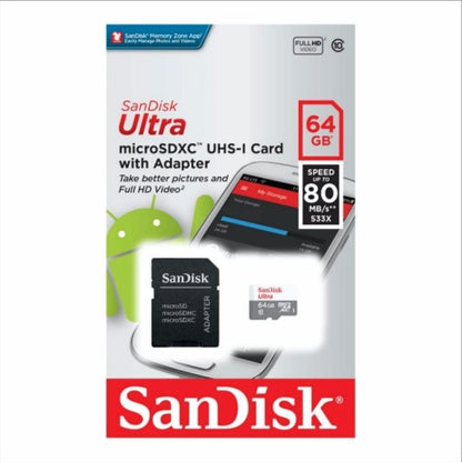 Minnekort microSDXC SanDisk Ultra, 64Gb, Klasse 10, Med Adapter SDSQUNR-064G-GN3MA