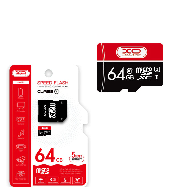 microSDXC-minnekort XO Design Speed Flash, 64GB, Klasse 10 / UHS-1 U3, med adapter